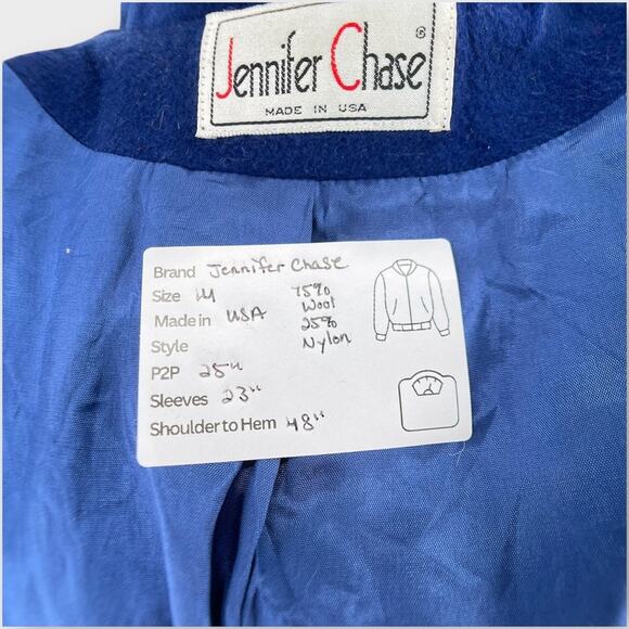 Vintage Jennifer Chase Royal Blue Long Wool Pea Trench Coat Pleated Back 14 - Picture 11 of 11
